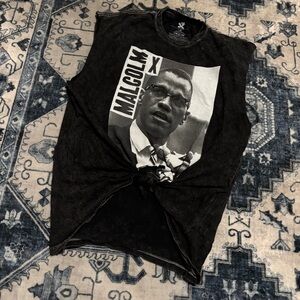 MALCOLM X ACID-WASHED GREY BLACK AND WHITE GRAPHIC PRINTED MUSCLE T-SHIRT